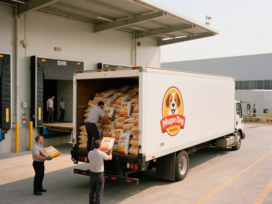 國(guó)際物流公司工作人員正在將國(guó)內(nèi)郵寄來(lái)的狗糧進(jìn)行送達(dá)